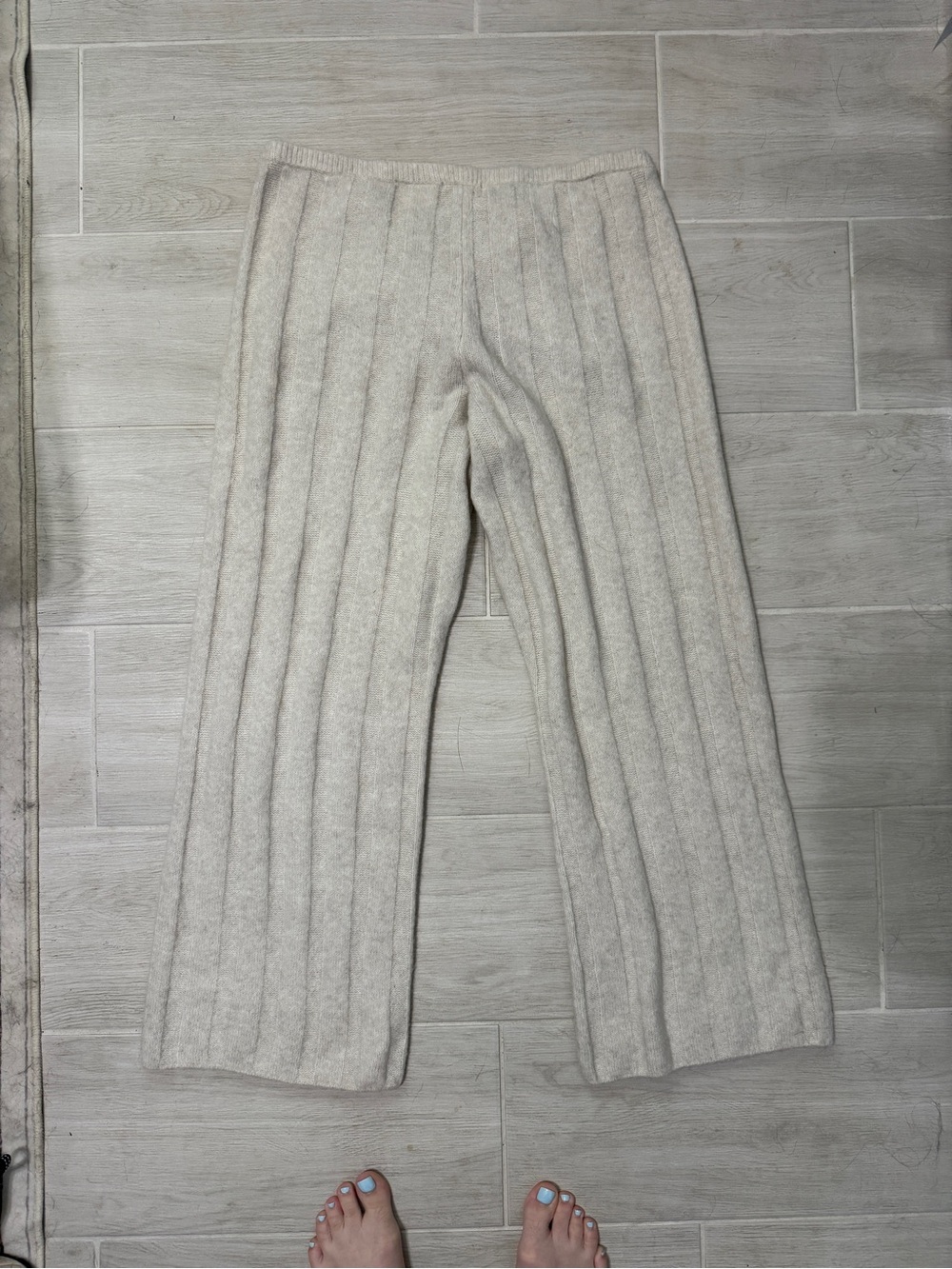 H&M Ribbed Knit Wool Blend Wide-Leg Pants - Light Beige - Picture 2 of 5